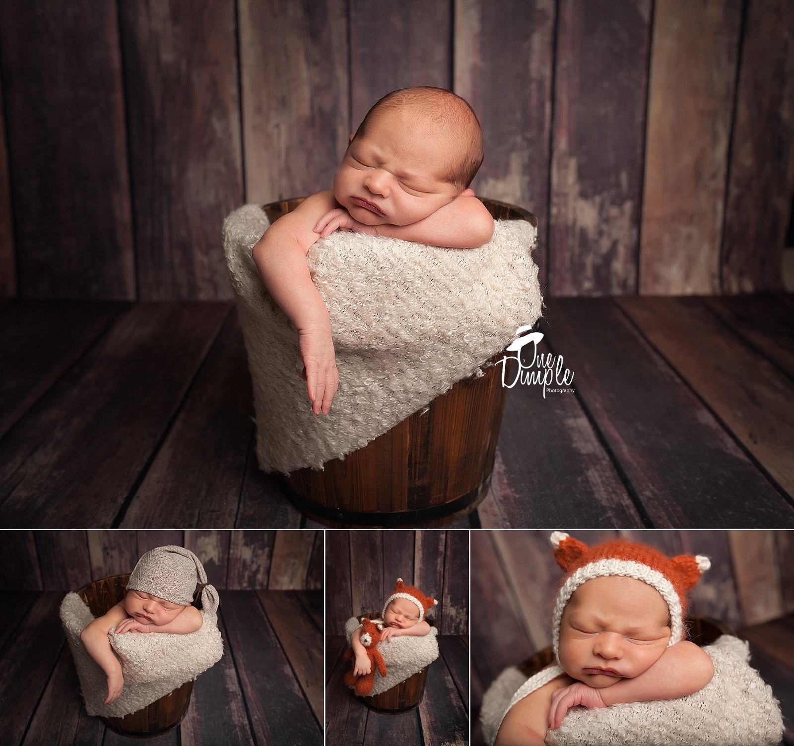 Newborn in fox outfit one wood floors
