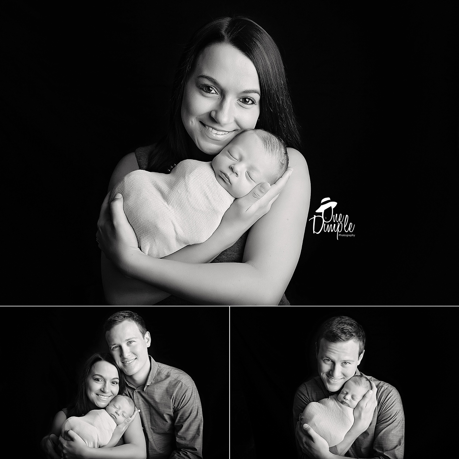 newborn baby and parents in black and white