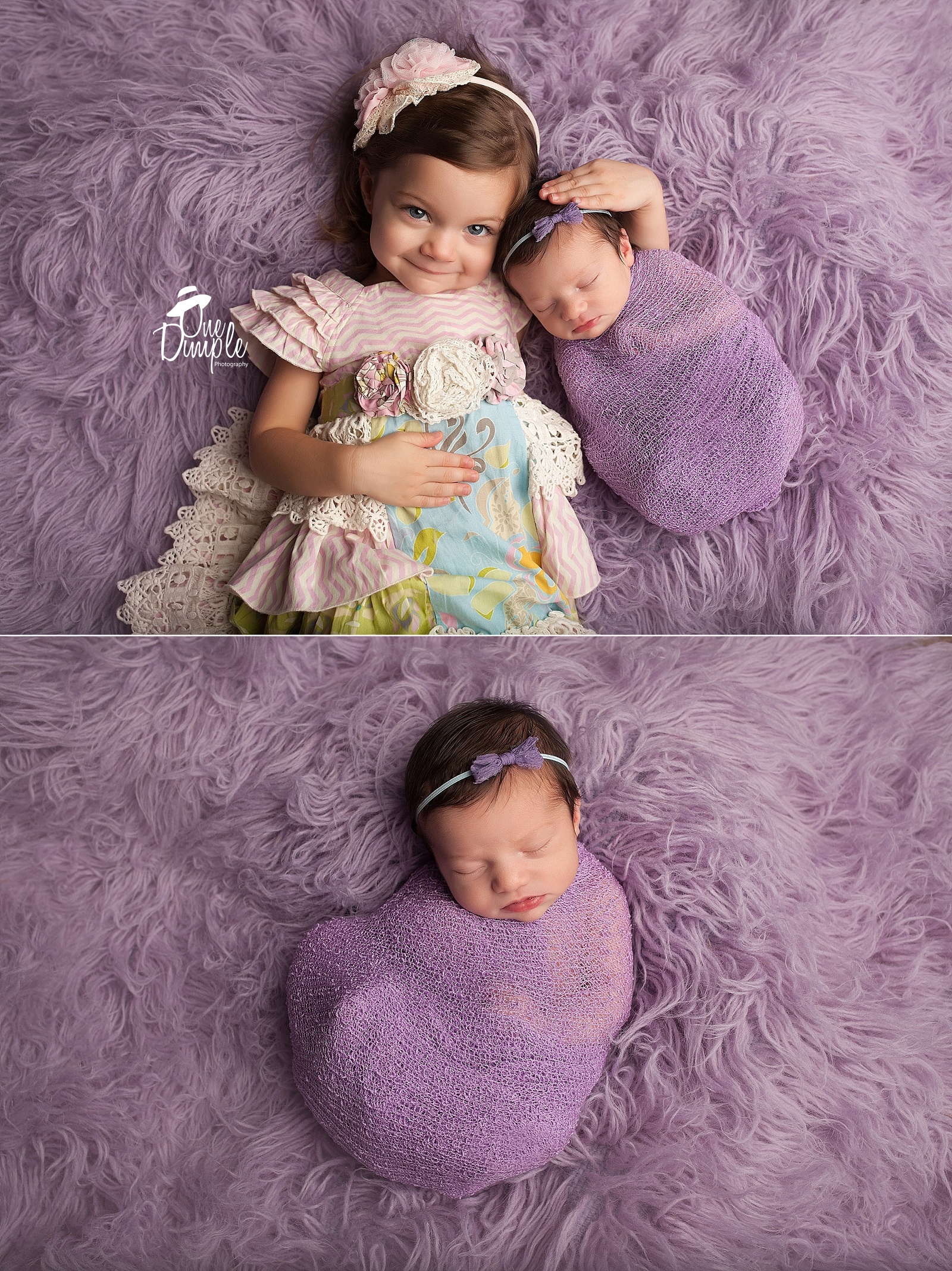 older sibling with newborn sibling on purple rug