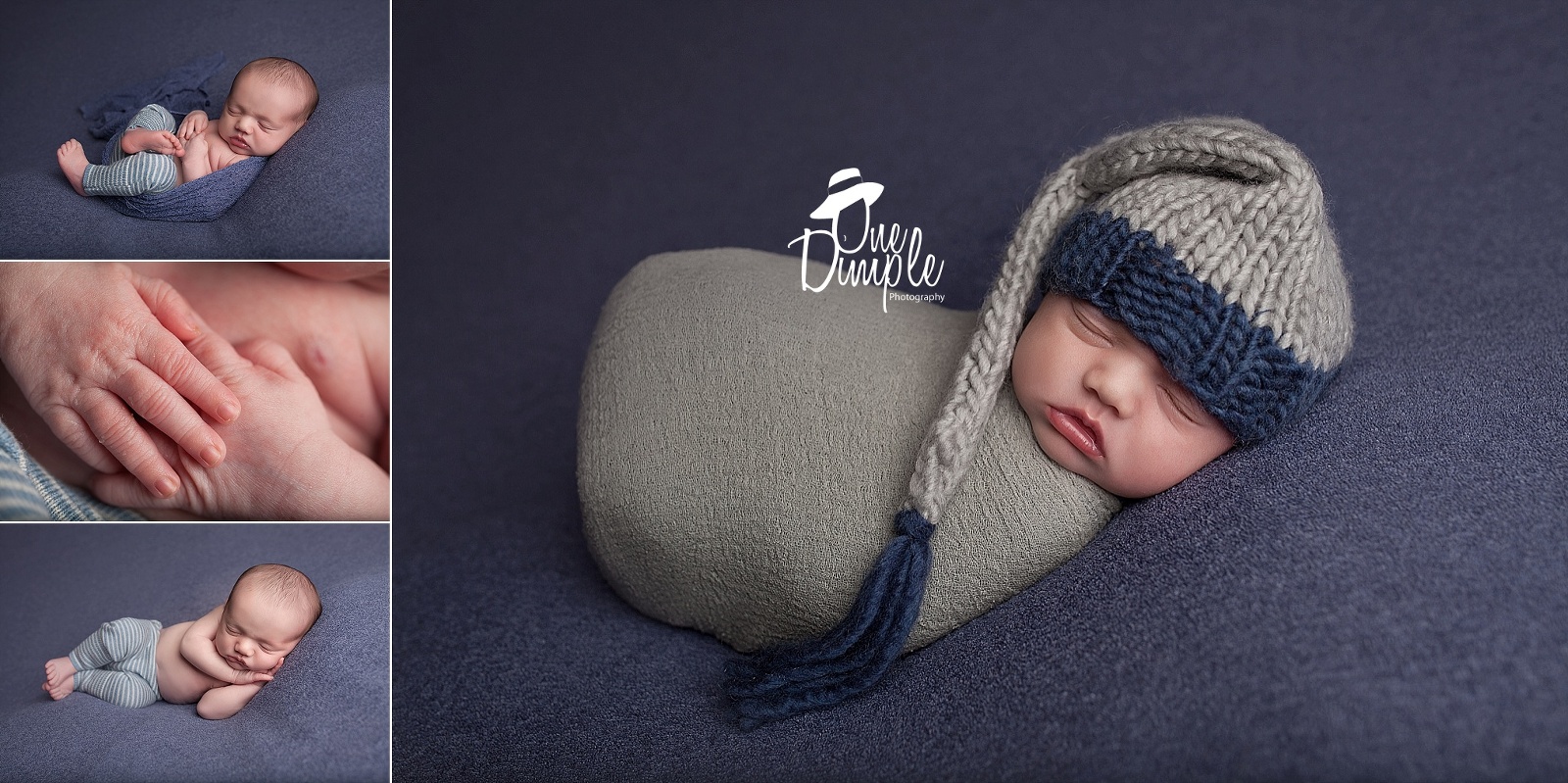 wrapped newborn with gray warp and hat