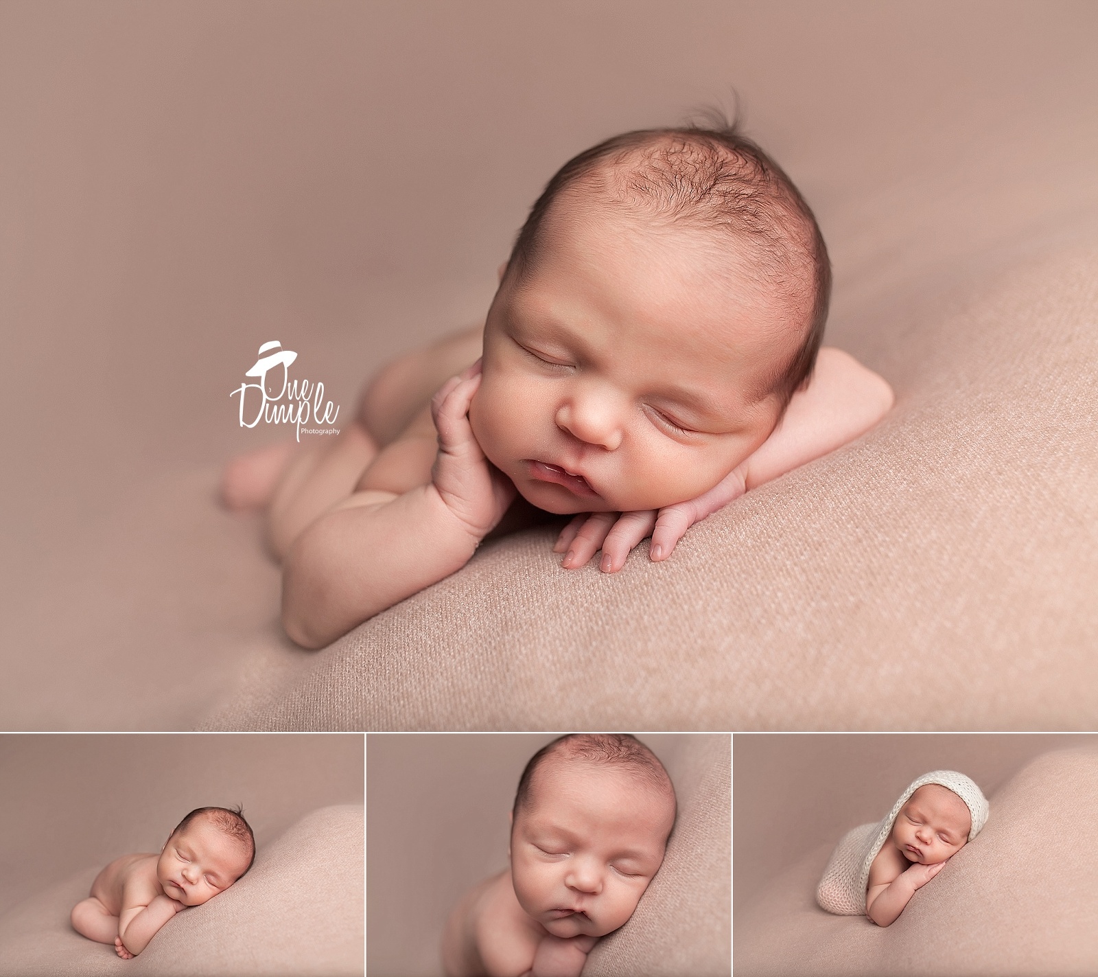 Newborn boy with chin on arms pose