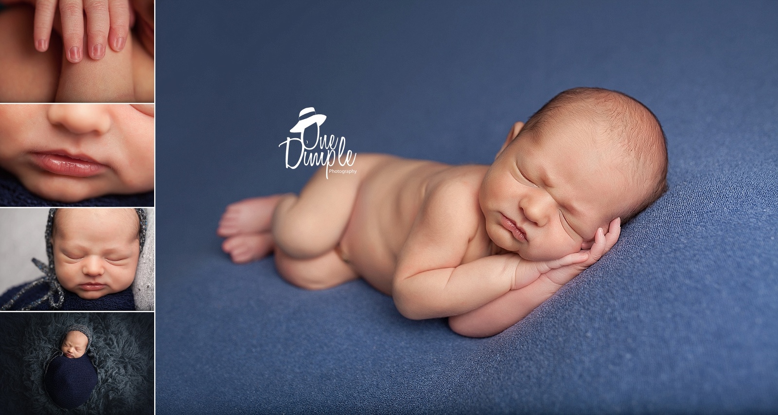 newborn boy on blue backdrop doing side pose