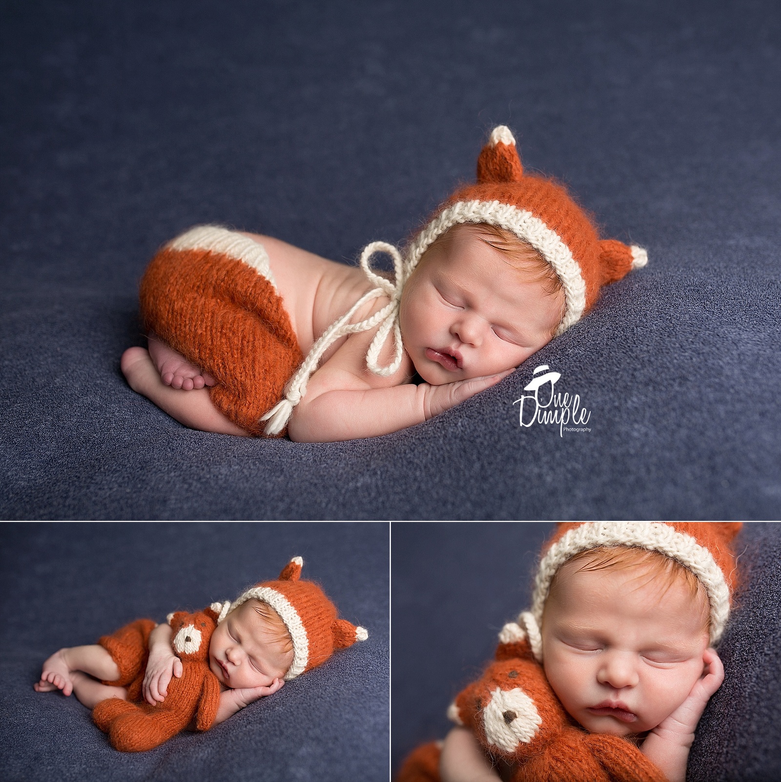 newborn boy in knitted fox outfit