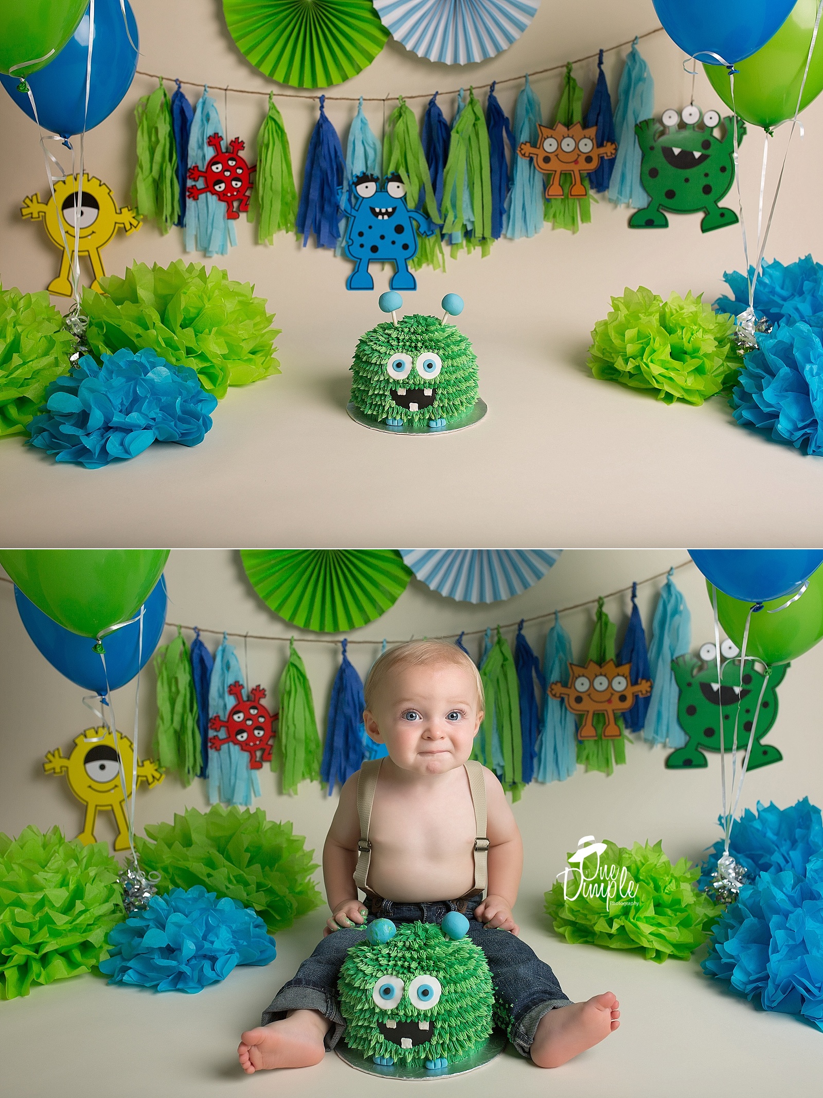 green and teal monster themed cake smash session