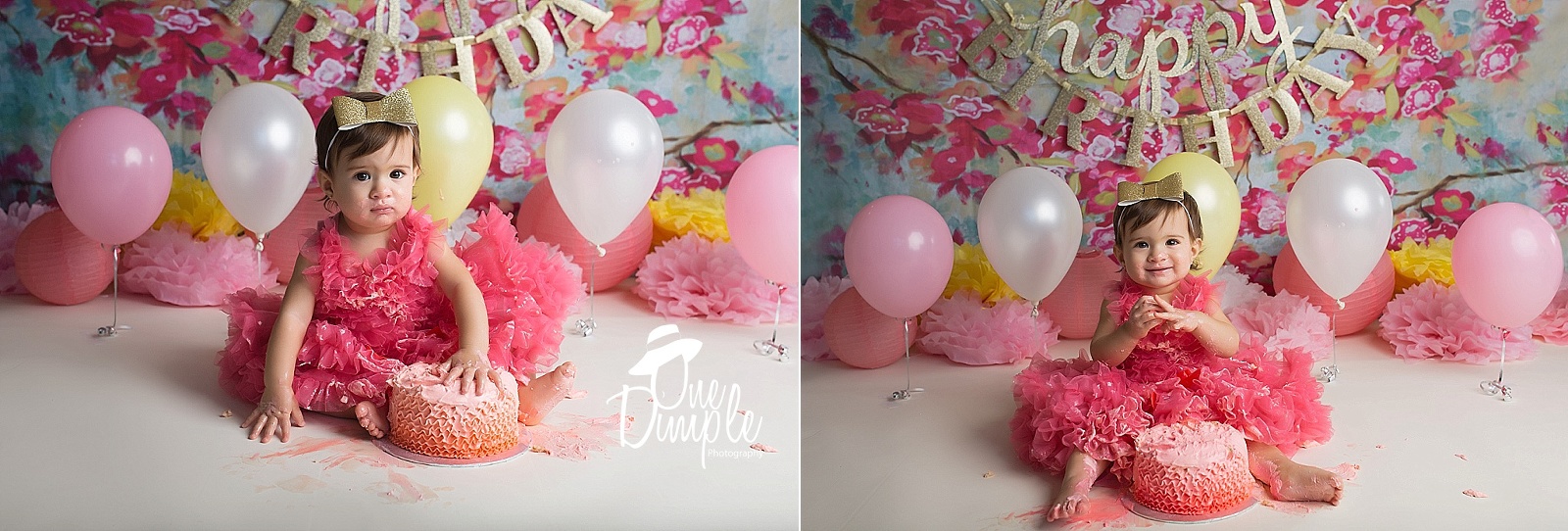 Cake smash session with balloons and floral backdrop