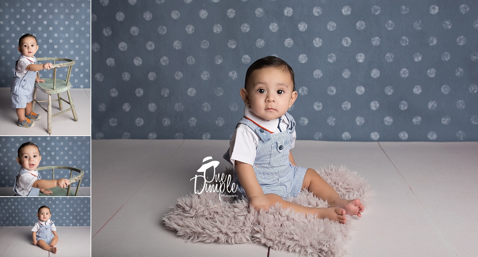 little boy with polka dot backdrop