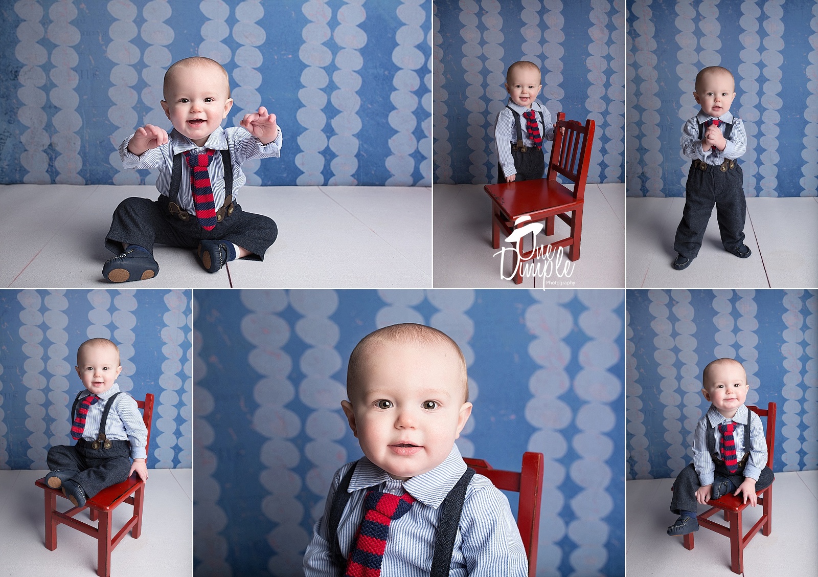 little boy in a tie and suspenders