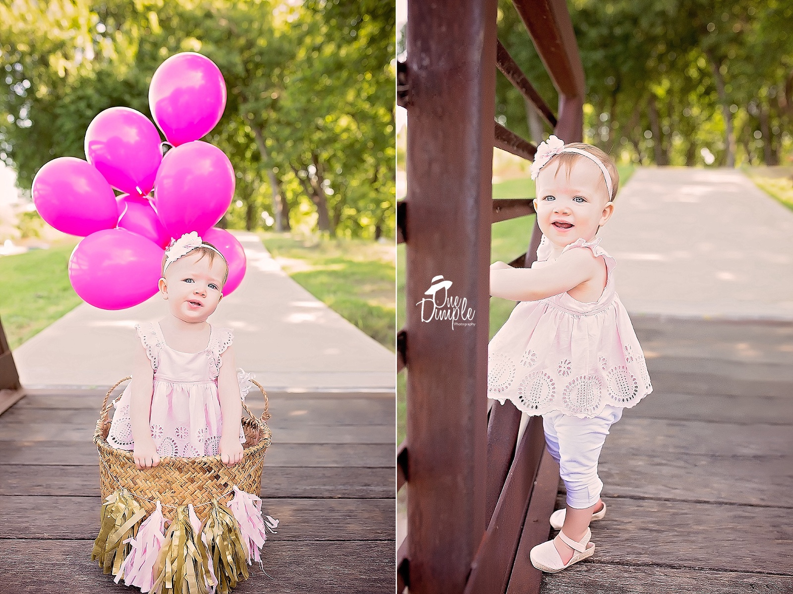 1 year old with balloons and bridge