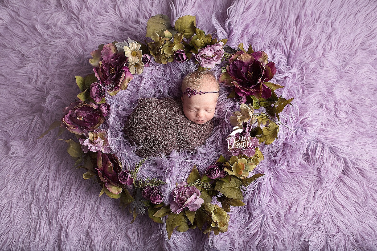 Newborn Baby surrounded by purple floral flowers