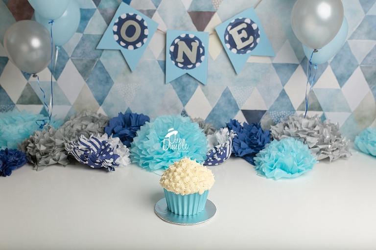 One Dimple Photography Cake Smash Photographer Dallas Fort Worth Blue and Gray Cake Smash Theme