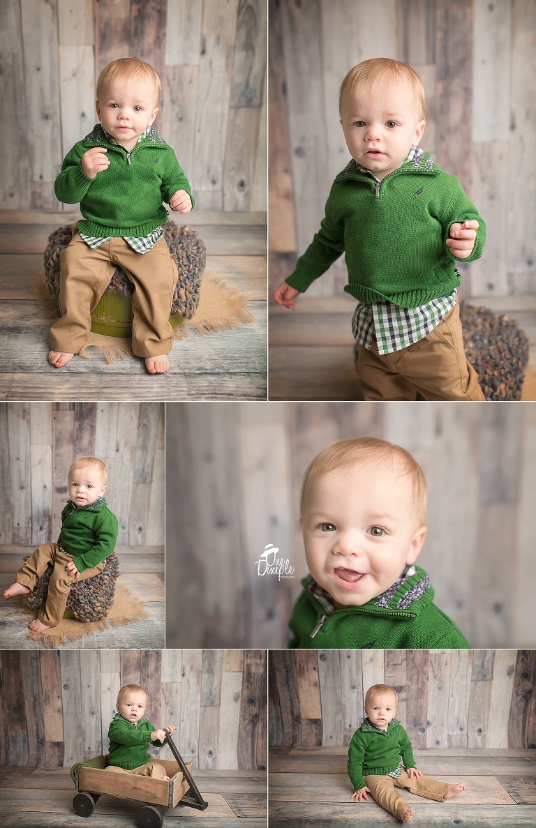 One Dimple Photography is a custom cake smash photographer for Dallas Fort Worth.  This session had a rustic 1 year portrait session for the sweet little boy. 