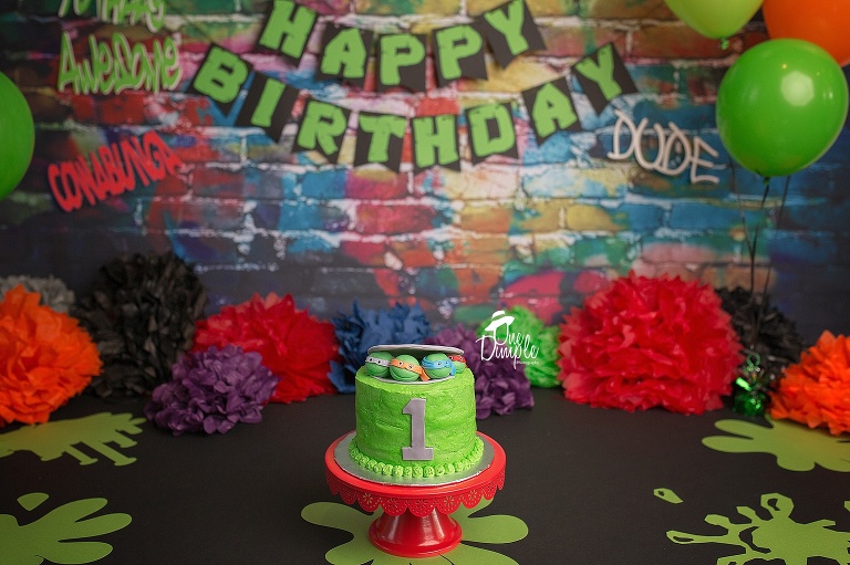 One Dimple Photography is a custom cake smash photographer for Dallas Fort Worth.  Ninja Turtle themed Cake Smash.
