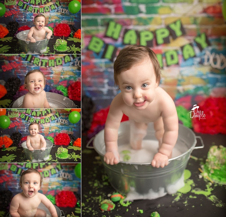 One Dimple Photography is a custom cake smash photographer for Dallas Fort Worth.  Ninja Turtle themed cake smash bath.
