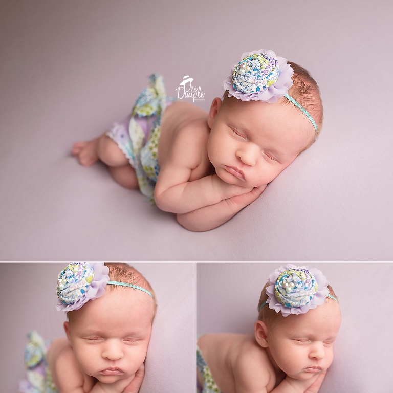 One Dimple Photography is a Dallas Fort Worth newborn and baby photographer.  In-home Newborn Session in Fort Worth Texas Baby in floral shirt and head in side laying pose.