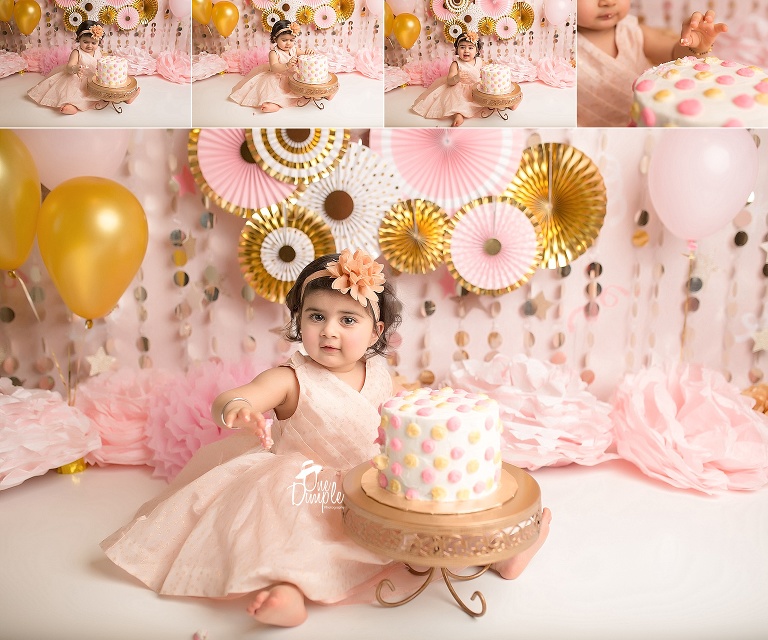 One Dimple Photography is a custom cake smash photographer for Dallas Fort Worth.  Simple Gold and pink custom cake smash 