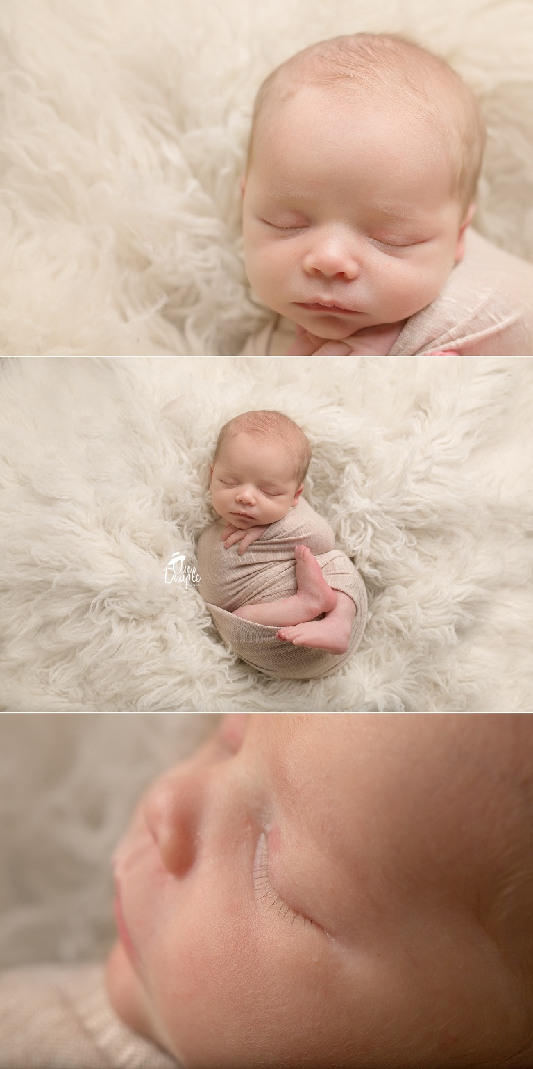 One Dimple Photography is a DFW, Southlake, Trophy Club, Grapevine, Argyle newborn photographer. In-Home Newborn Session wrapped newborn on Flokati rug.