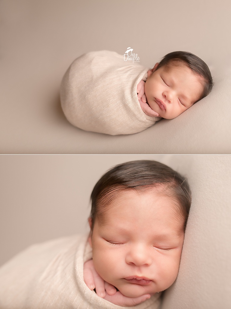 One Dimple Photography is a DFW, Southlake, Trophy Club, Grapevine, Keller newborn photographer. In-Home Newborn Session with neutral wrapped newborn pose