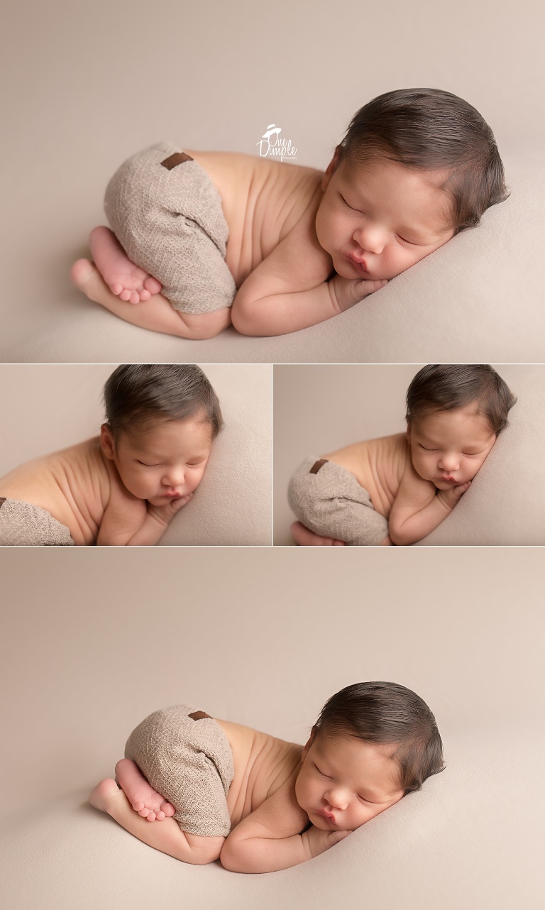  One Dimple Photography is a DFW, Southlake, Trophy Club, Grapevine, Keller newborn photographer. In-Home Newborn Session with neutral colors with baby in tushie up pose. 