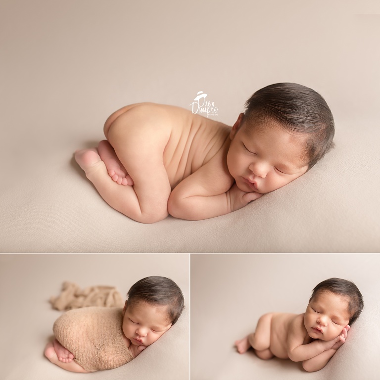  One Dimple Photography is a DFW, Southlake, Trophy Club, Grapevine, Keller newborn photographer. In-Home Newborn Session with neutral colors with baby in tushie up pose. 